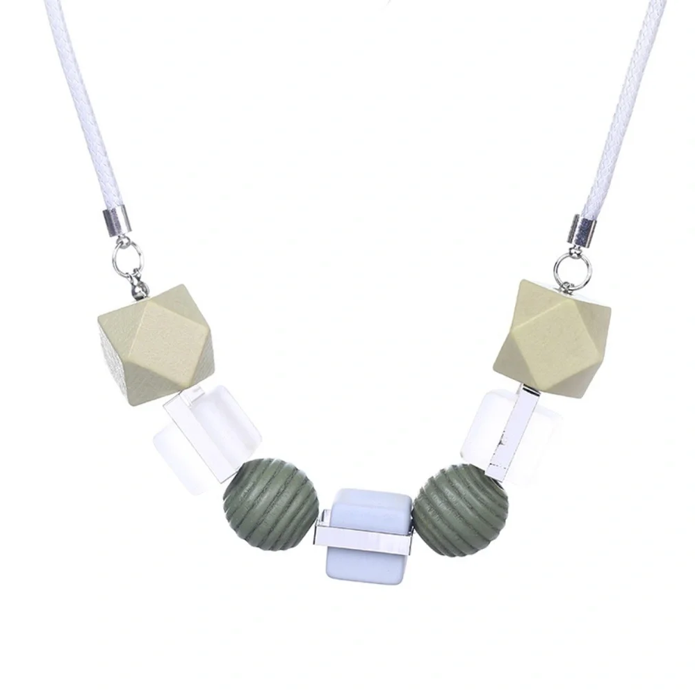 *ALCIE* Green Geometric Wood Beaded Necklace